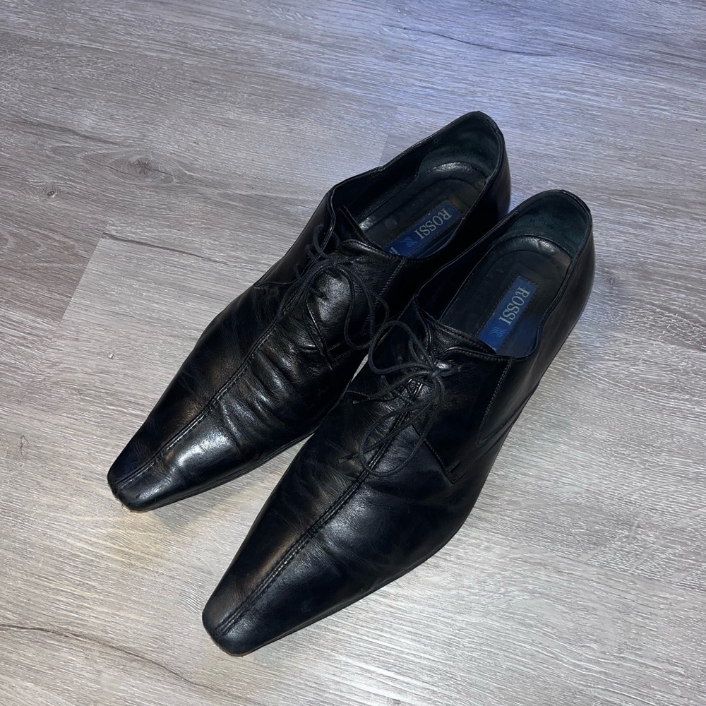 Rossi Black Leather Lace-Up Oxfords Pointed Toe Made In Italy Size 43 EU 10 US
